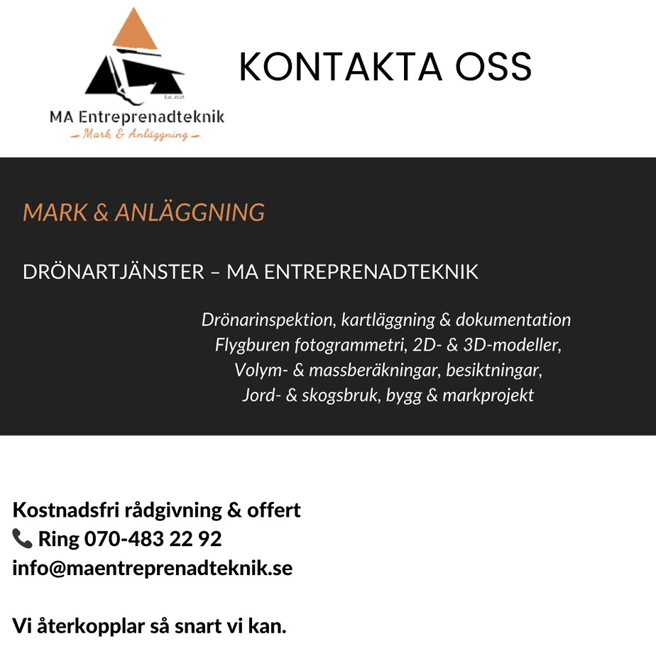 Kontakta MA Entreprenadteknik för drönarinspektion, kartläggning och dokumentation med drönare<br />
