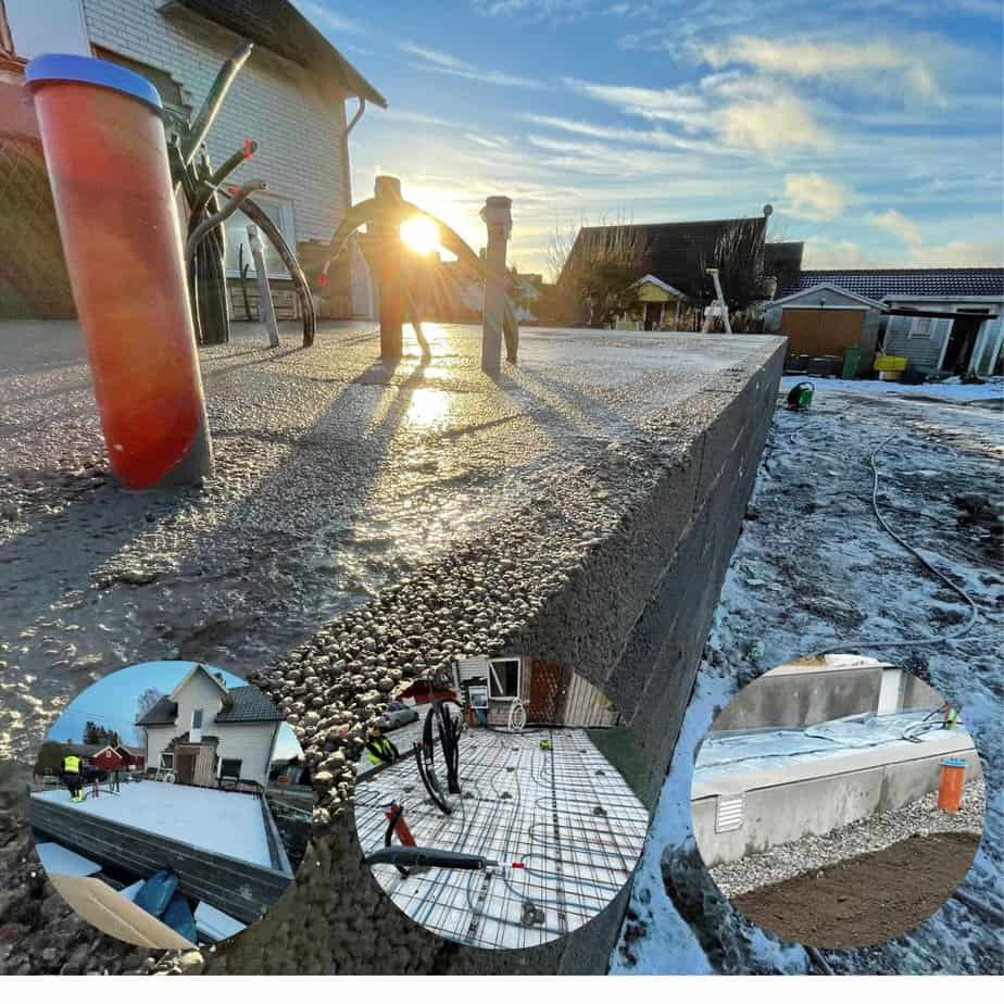 Grundläggning och gjutning av betongplatta vid markarbete för bostad i Örebro<br />
