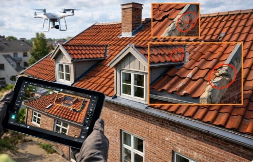 Drönarinspektion av hustak och fasad där certifierad drönarpilot dokumenterar skador på takpannor och murverk