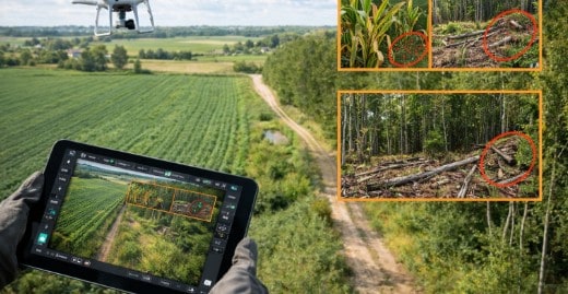 Drönarinspektion inom jord- och skogsbruk där drönare används för att övervaka grödor, skog och markförhållanden