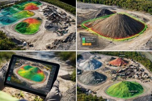 Volym- och massberäkning med drönare där materialhögar mäts digitalt med fotogrammetri